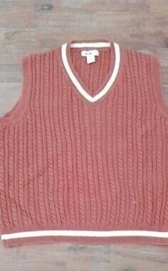 William Rast Men's Rust Cable Knit V-Neck Sweater Vest with Cream Trim